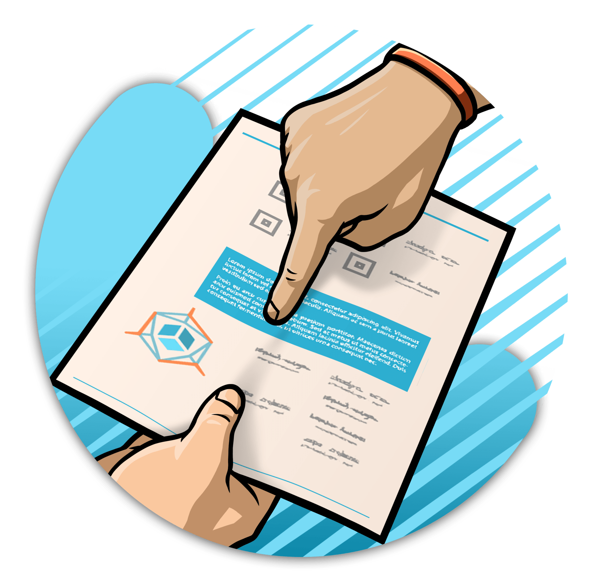 A hand is pointing at a piece of paper.