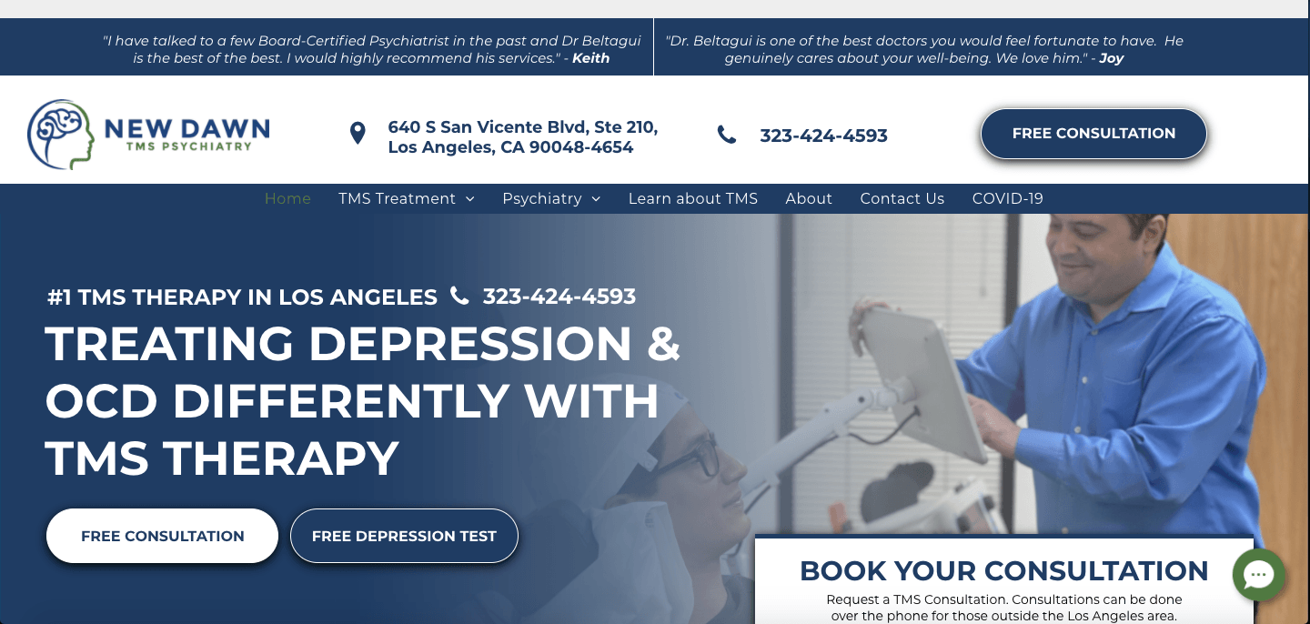 A screenshot of a website for new dawn treating depression and ocd differently with tms therapy