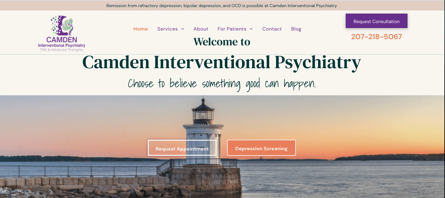 The website for camden interventional psychiatry shows a lighthouse on the shore of a body of water.