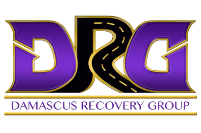 A purple and black logo for the damascus recovery group