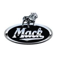 A mack truck logo with a bulldog on top of it.