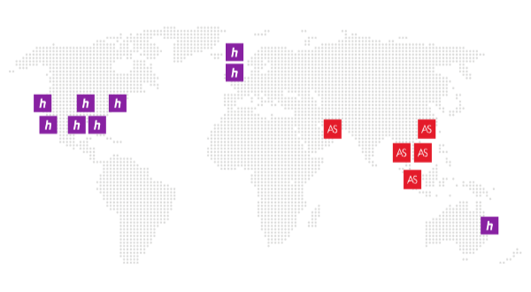 A map of the world with purple squares on it.