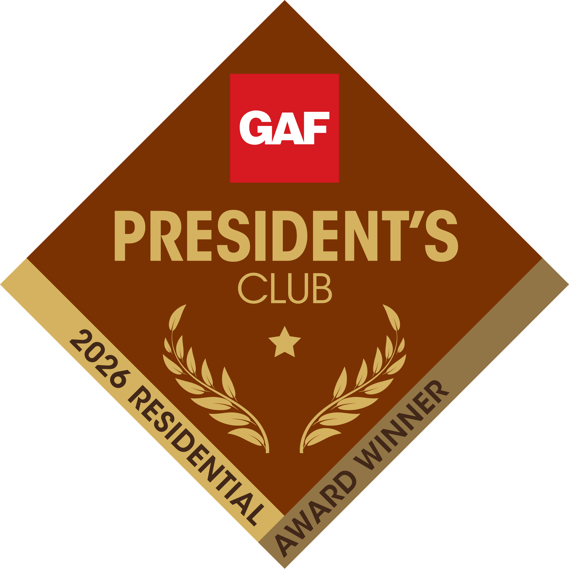 GAF President’s Club award emblem in brown, gold, and red, labeled “2023 Residential Award Winner”