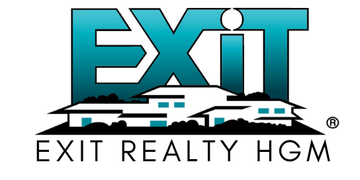 The logo for exit realty hgm shows a house on a hill