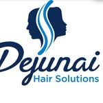 Logo: Two blue face silhouettes, a blue and white flowing design, and the company name "Dejunai Hair Solutions."