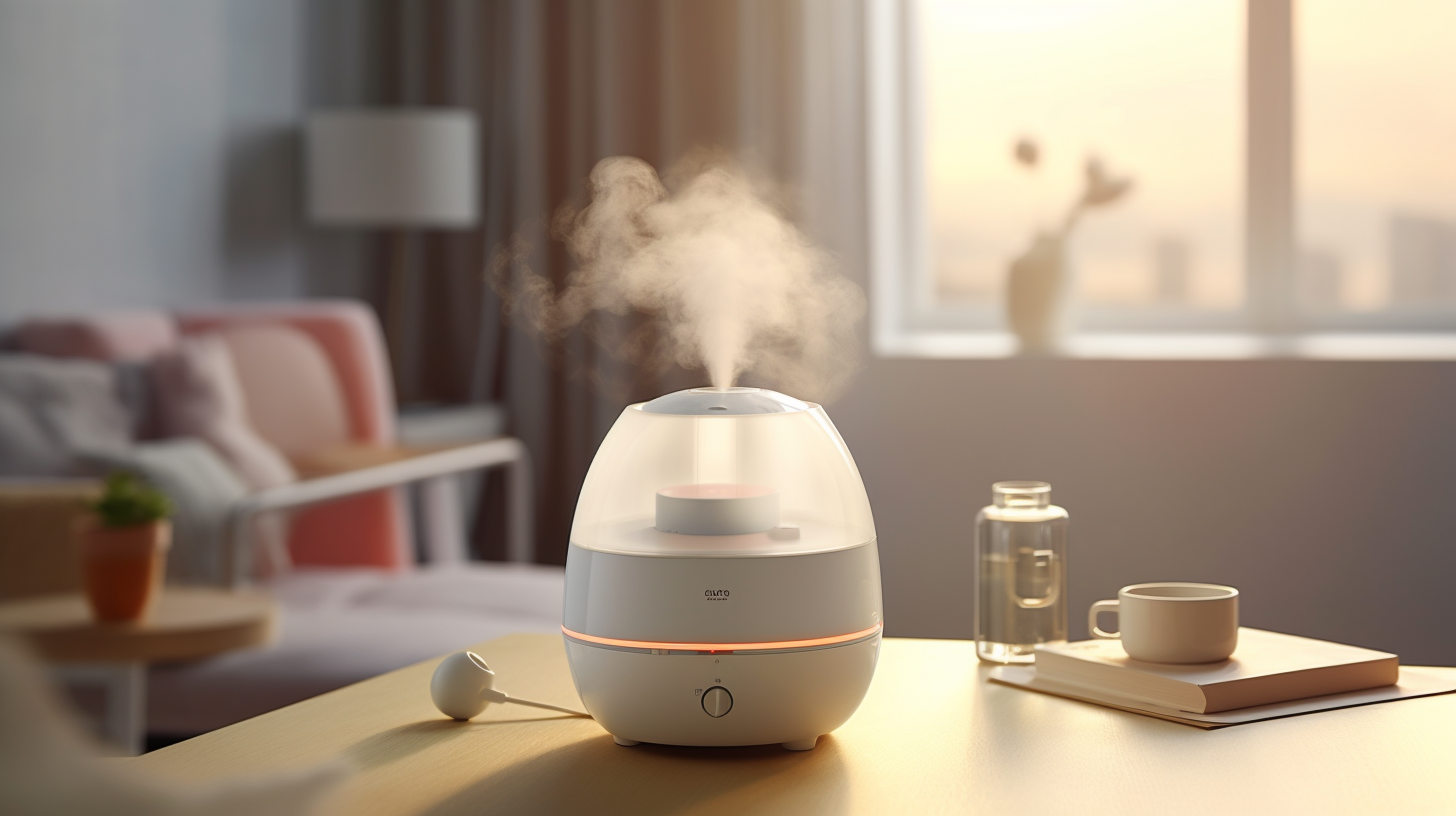 A white humidifier is sitting on a wooden table in a living room.