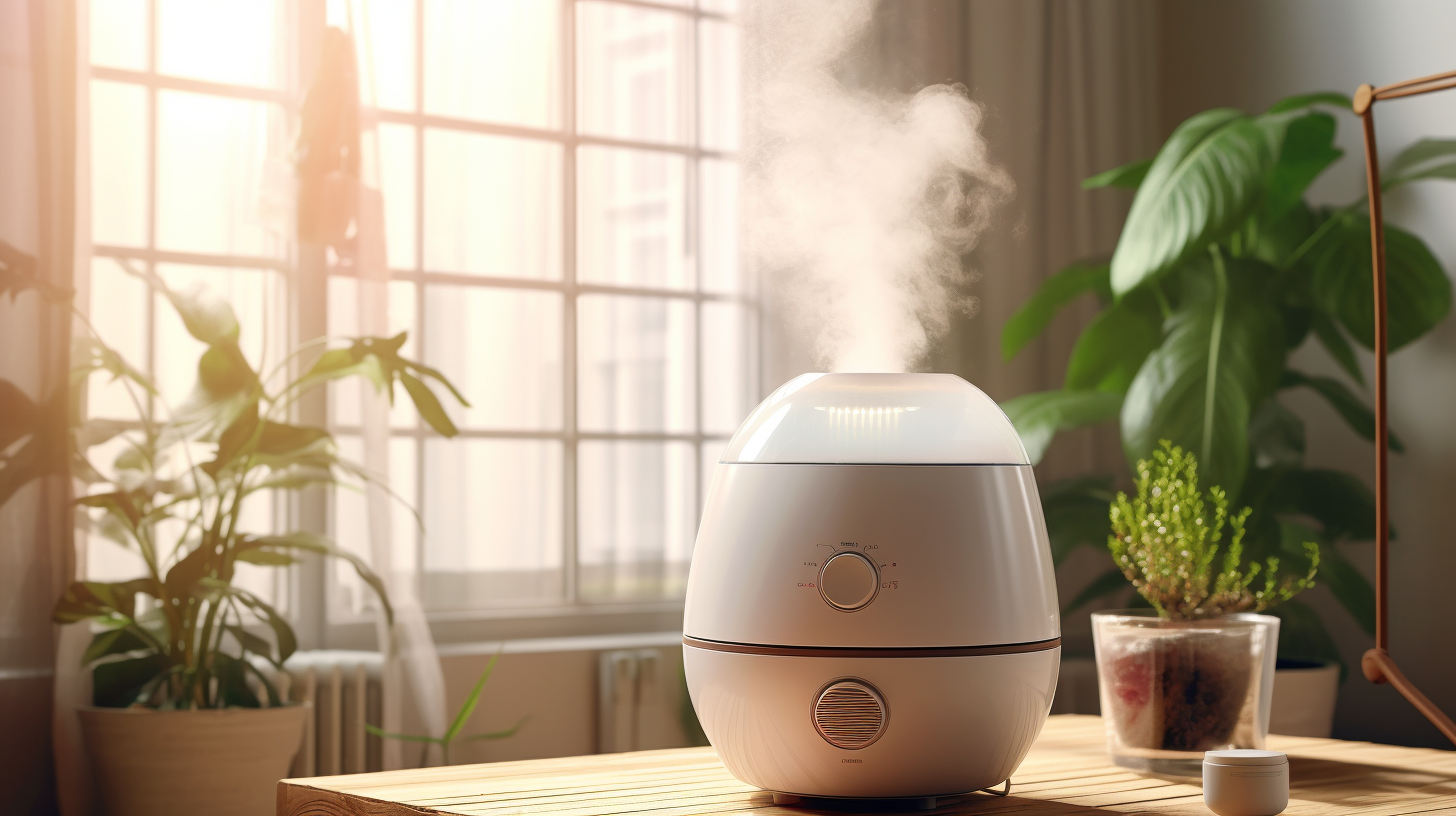 A white humidifier is sitting on a wooden table next to potted plants.