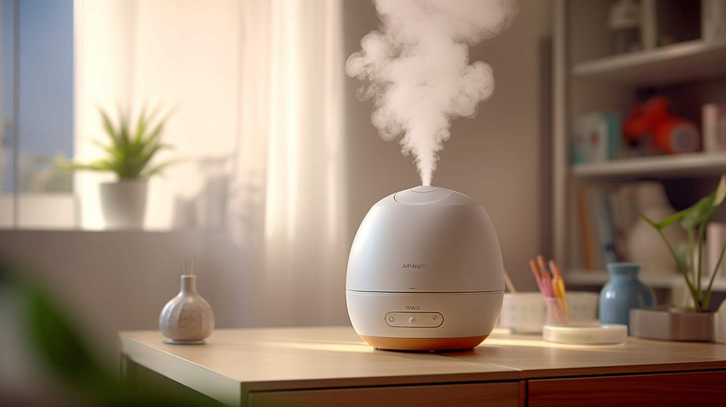 A white humidifier is sitting on a wooden table in a living room.