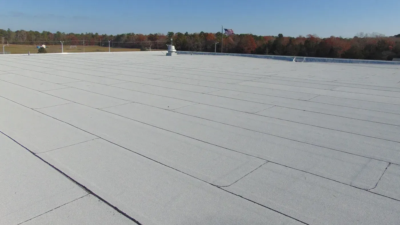 A large white roof with a flag in the background