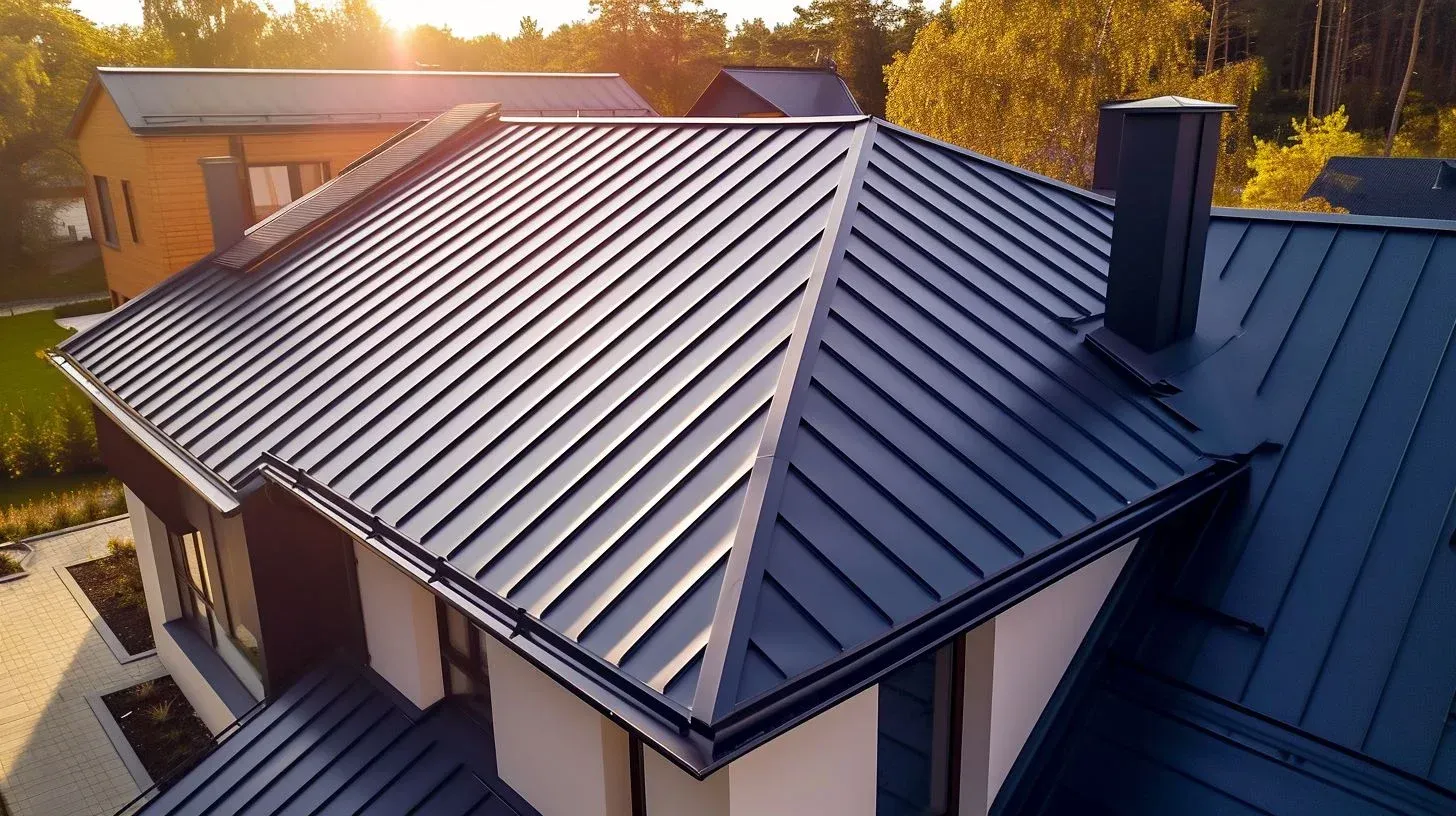 An aerial view of a house with a black metal roof.