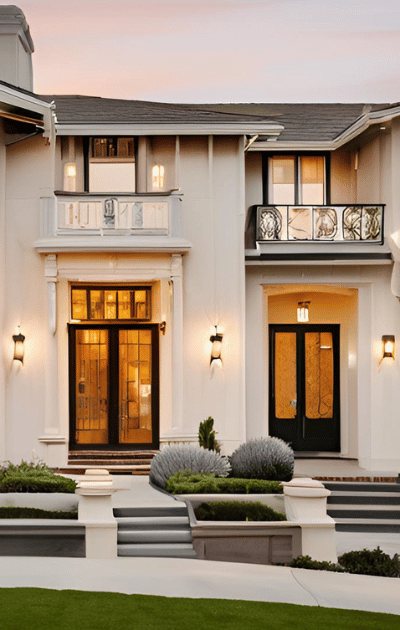 A large white house with a balcony and stairs
