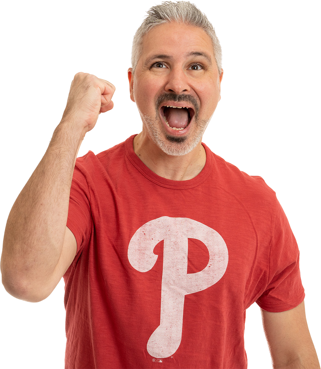 A man wearing a red shirt with the letter p on it