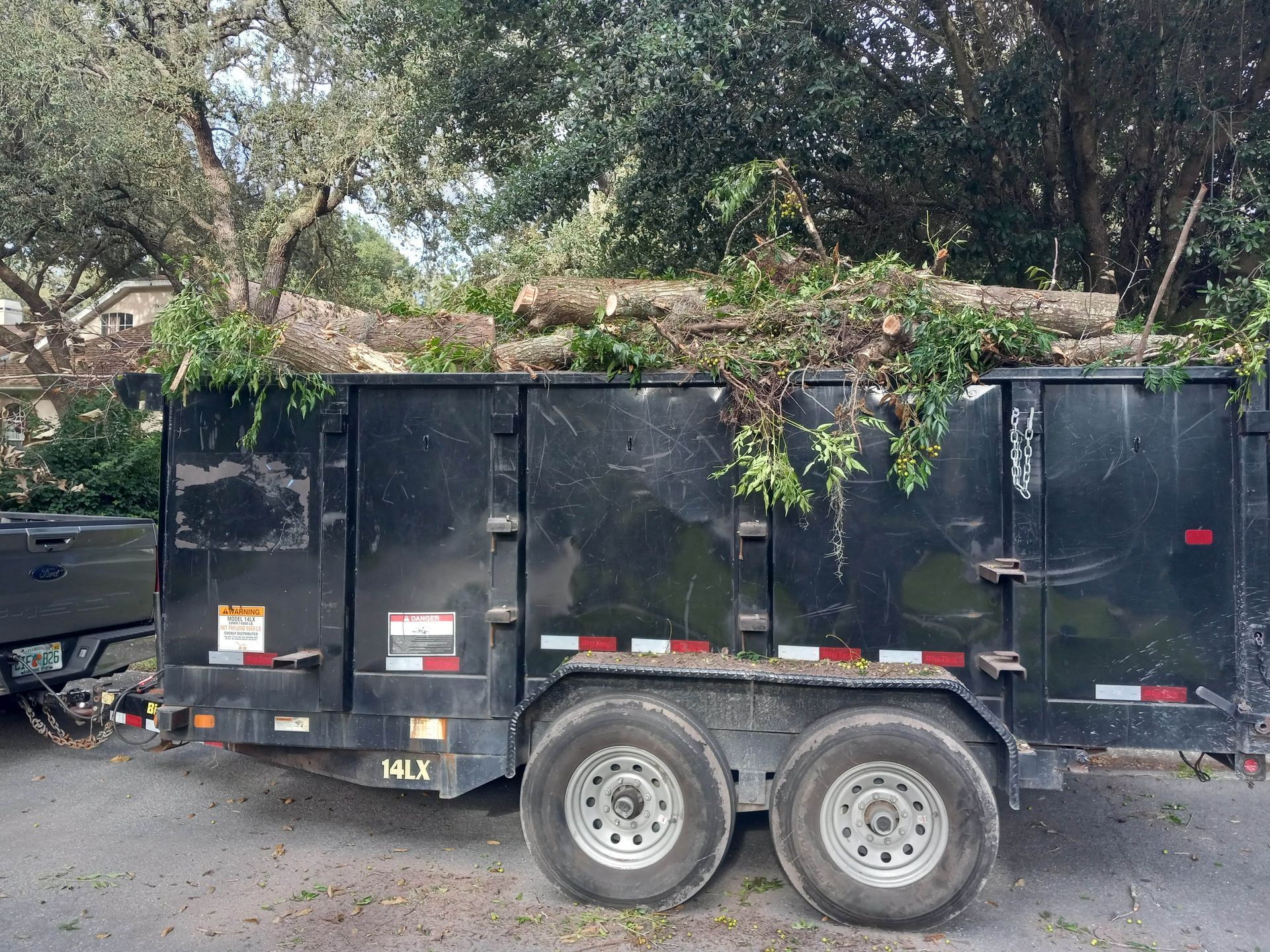 A dumpster with a lot of leaves on it is parked on the side of the road.
