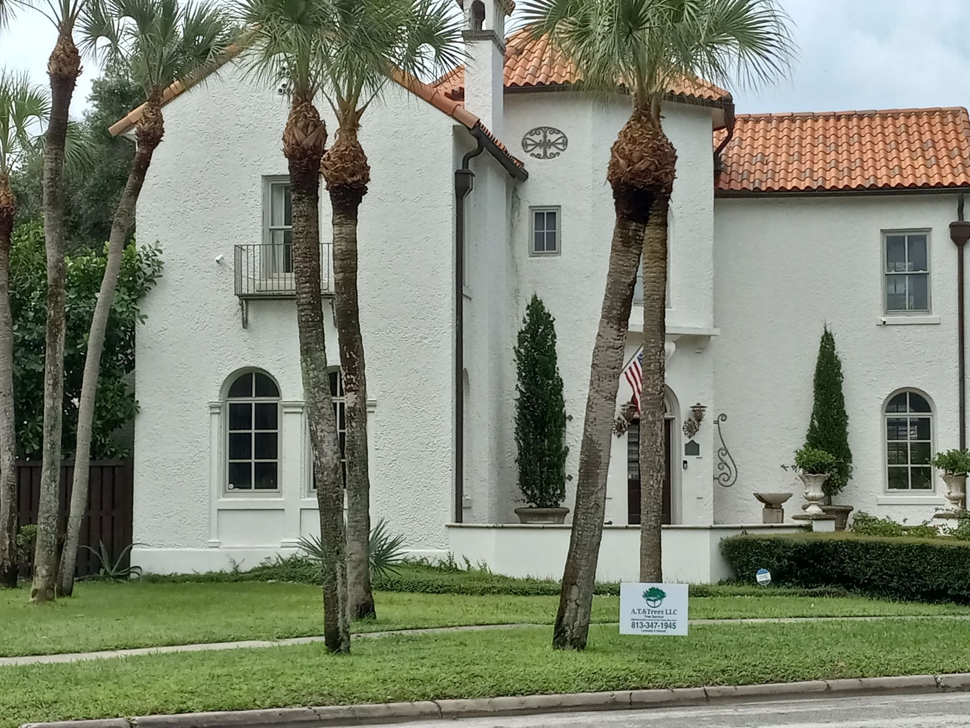 A white house with palm trees in front of it