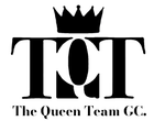 Black logo: "TQT" with crown above, "The Queen Team CC" below.