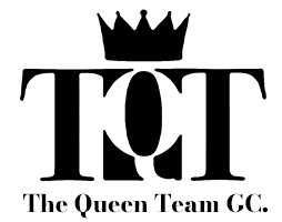 Black logo: "TQT" with crown above, "The Queen Team CC" below.