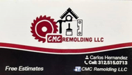 Business card for CMC Remolding LLC, with a saw, hammer, level, and paint brush icon. Text and phone number.