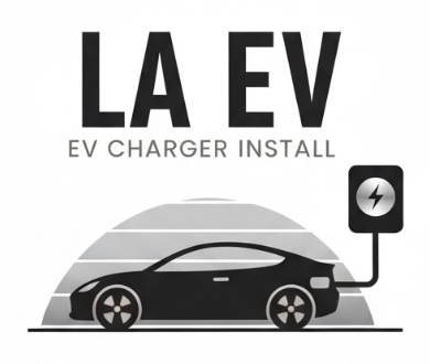 LA EV EV Charger Install logo: black car charging at a station, grey background, and text.