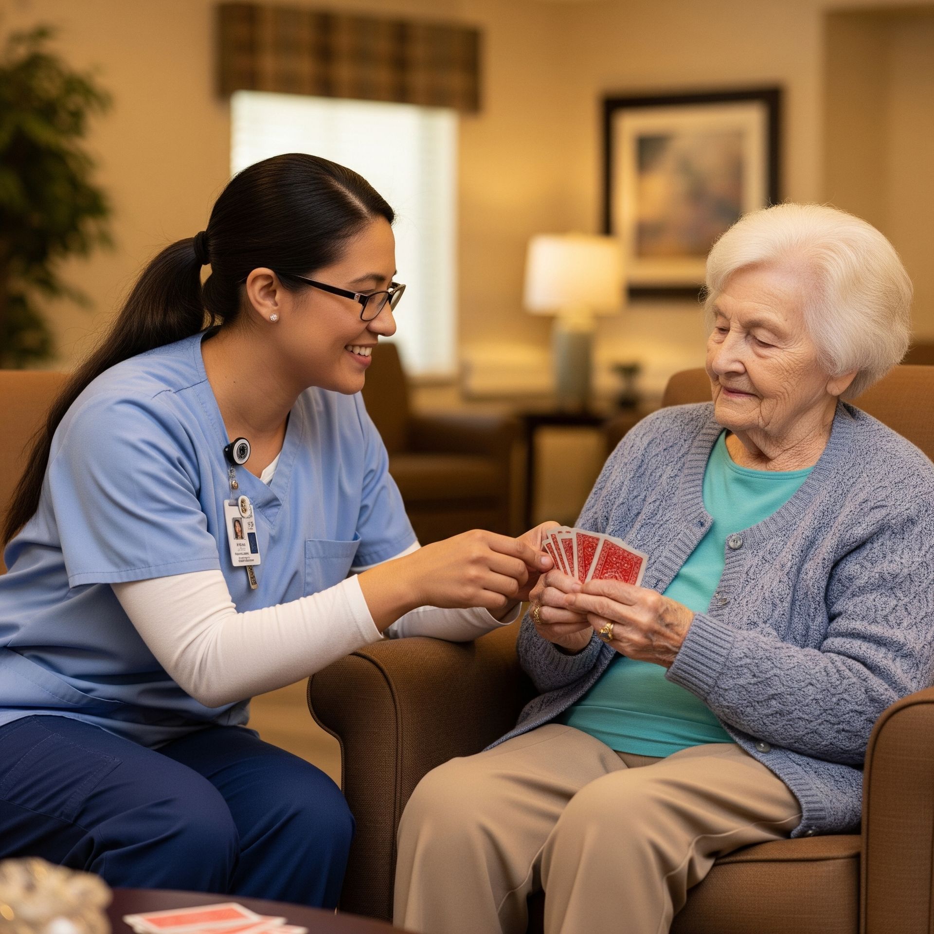 Healthcare professional and patient at assisted living and memory care facility