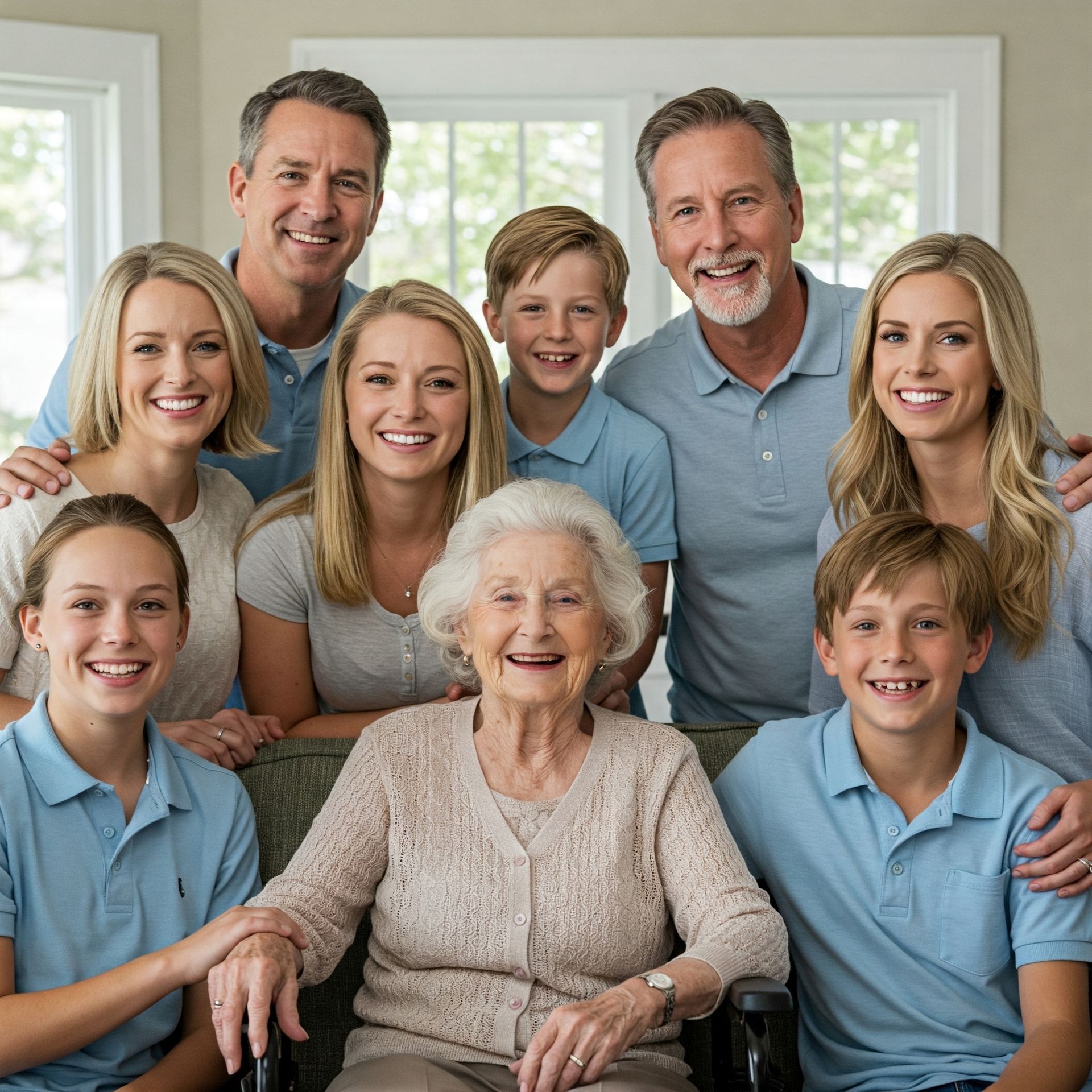 A group of people posing for a picture with an elderly woman in a wheelchair