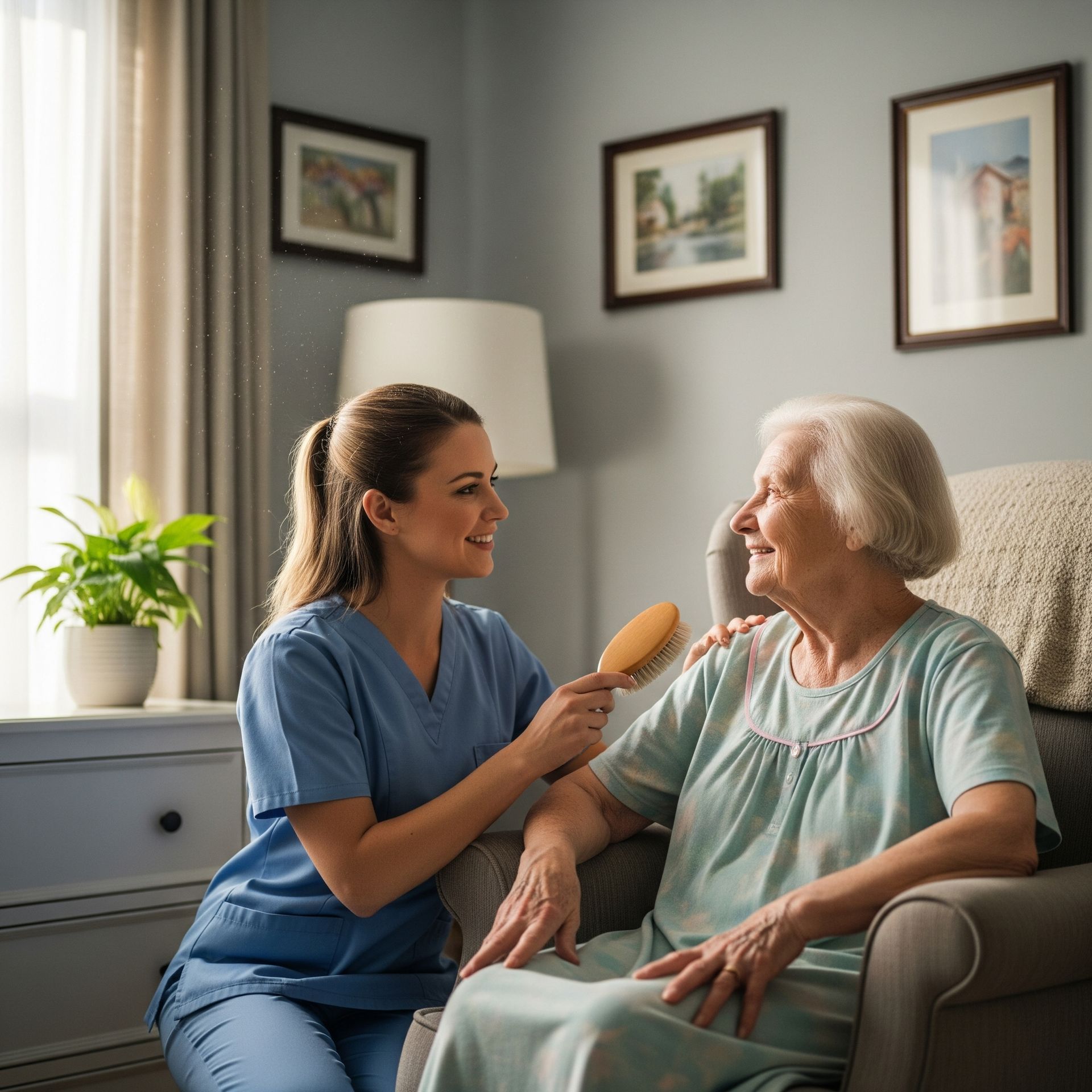 Lady in a chair talking to a independent living staff member. 