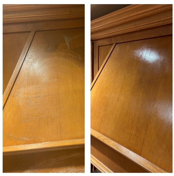 A before and after photo of a wooden cabinet.