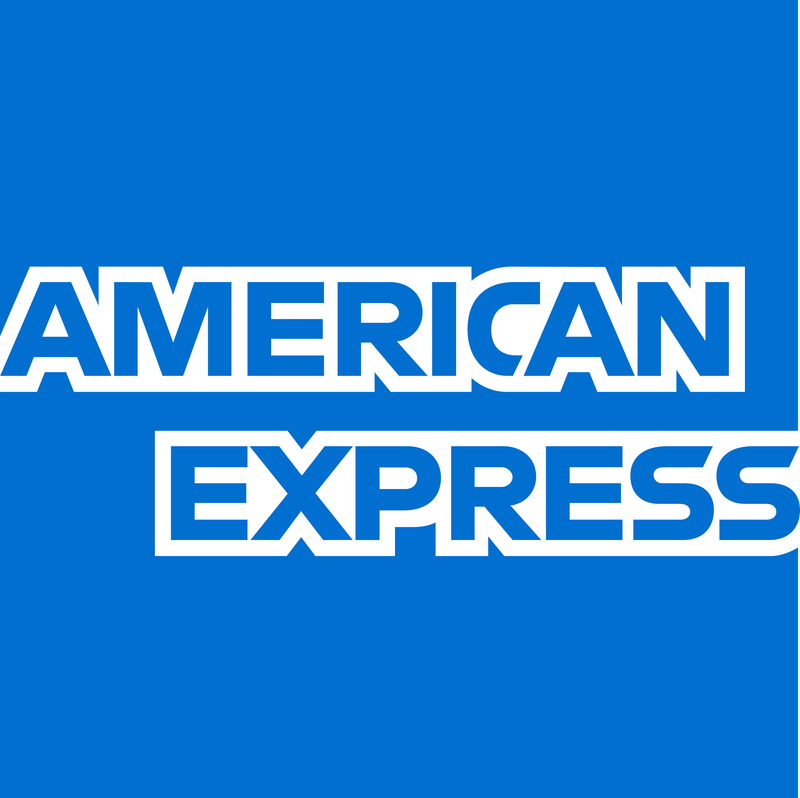 American Express logo on a blue background. White text in a stylized box.