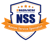 Navien Service Specialist badge: shield shape, navy, orange ribbon, logo with stars, text.