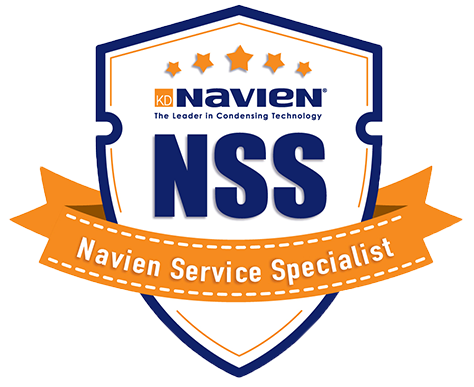 Navien Service Specialist badge: shield shape, navy, orange ribbon, logo with stars, text.