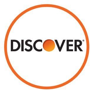 Discover credit card logo: White background, black text, orange circle and dot.