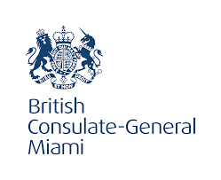 Logo for the British Consulate-General Miami: Royal crest above text in blue, identifying the consulate in Miami.