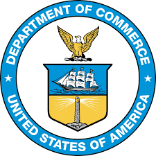 Seal of the US Department of Commerce: Blue circle with an eagle above a shield showing a ship and lighthouse.