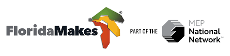 Logo for FloridaMakes, a manufacturing extension partnership. It shows a colorful Florida map and a logo for MEP National Network.