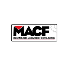Logo for the Manufacturers Association of Central Florida (MACF), black letters and red triangle, with a gear icon and text