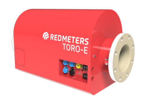 Red industrial device, likely a flow meter, with