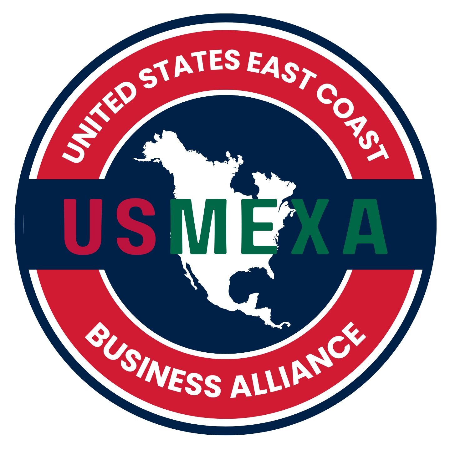 Logo for the United States East Coast Business Alliance (USMEXA), with a map of North America and text within a circular frame.