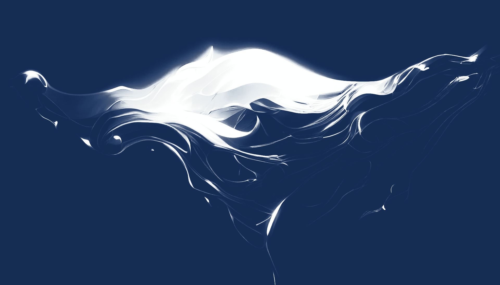White, glowing, fluid shape against a dark blue background, suggesting motion and energy.