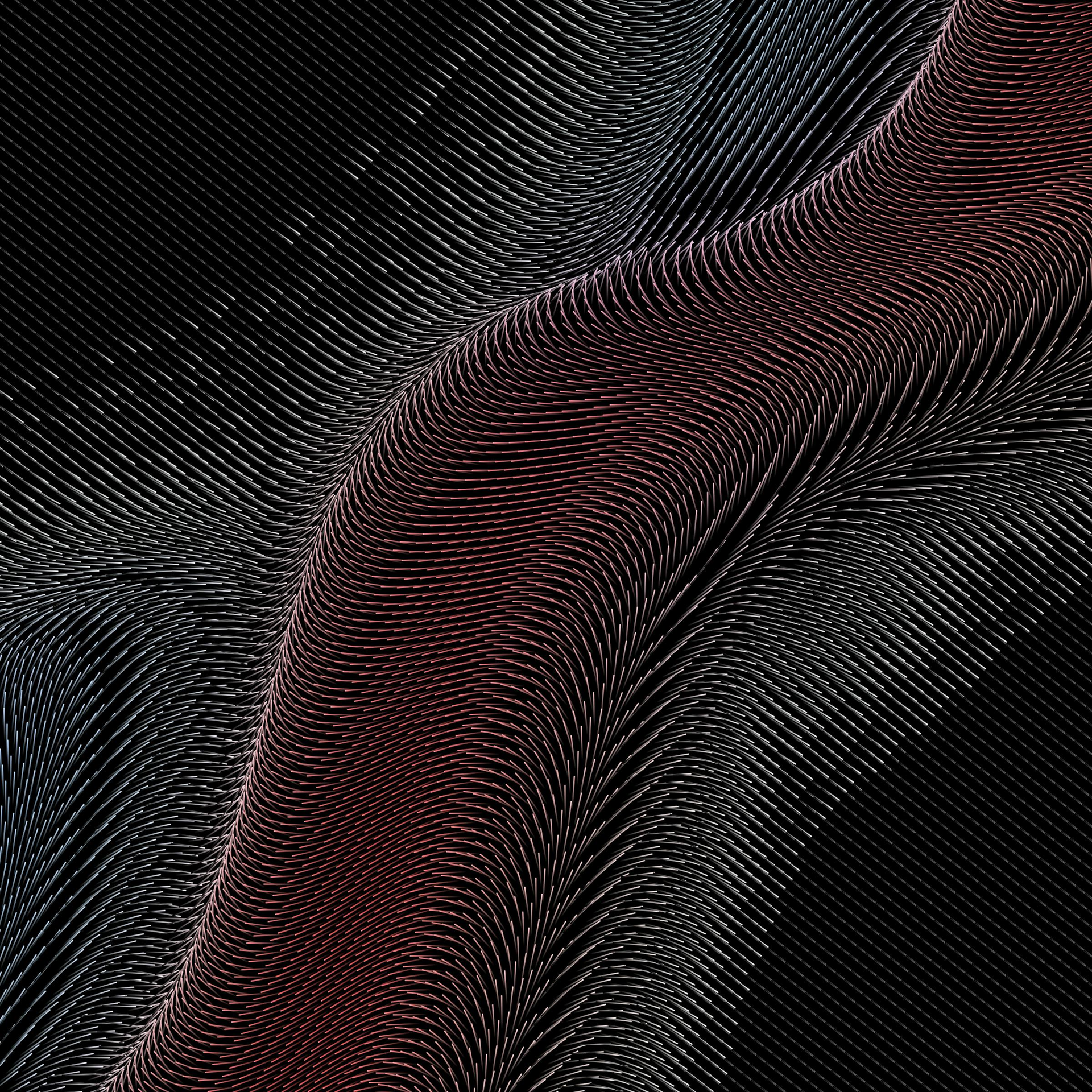 Abstract, textured artwork. A diagonal red band crosses a field of angled white and blue lines against a black background.