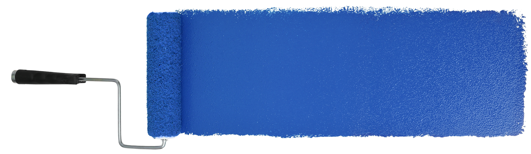 A blue paint roller with a black handle on a white background.