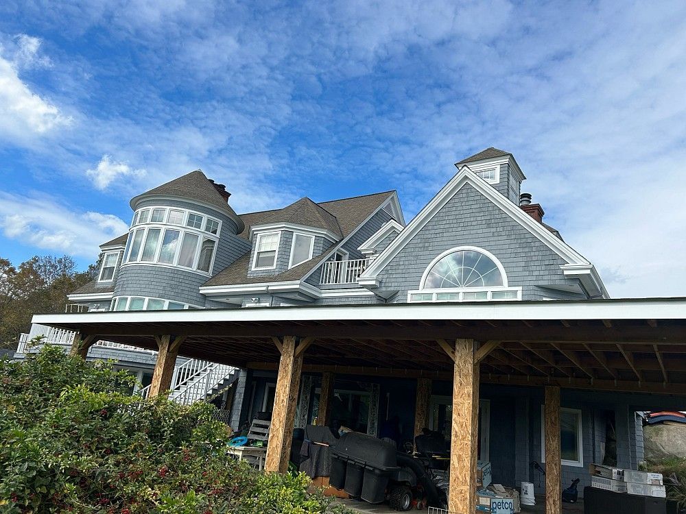 Ipe wood deck, modern house design with wooden patio, low angle view of tropical hardwood decking.