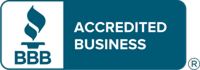 BBB Accredited Business badge with teal background and white logo text