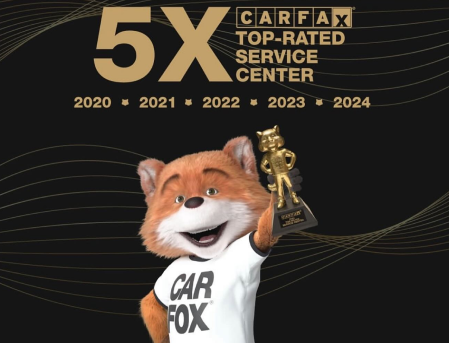 CAR FOX mascot holding trophy beside “5X CARFAX Top-Rated Service Center 2020–2024” text