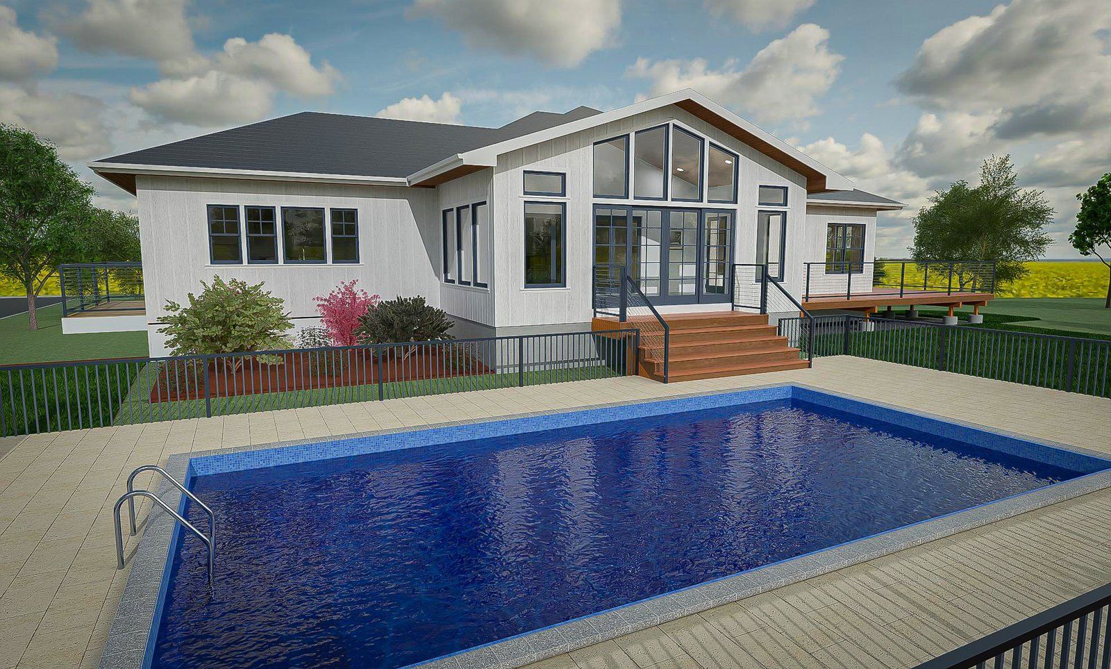 Modern house with a blue backyard pool, wooden deck, and cloudy sky