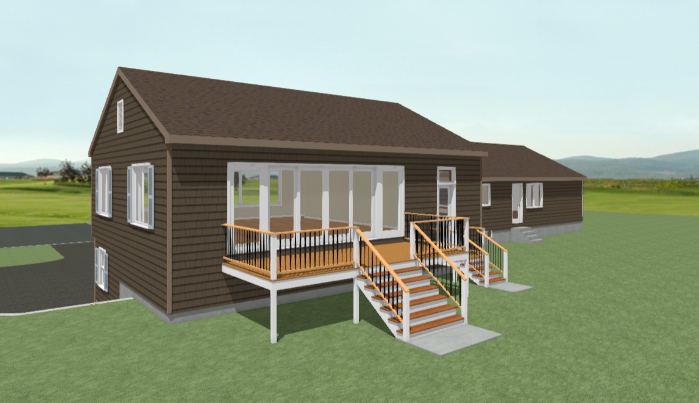Brown house with a raised deck, stairs, and wheelchair ramp in a grassy yard under a clear sky