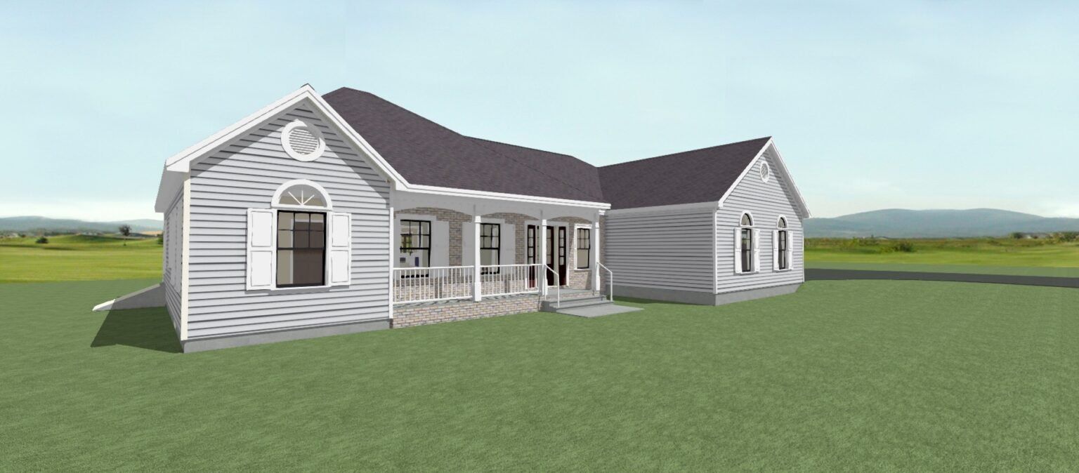3D rendering of a white house with a porch and gabled roof on a grassy lot under a clear sky