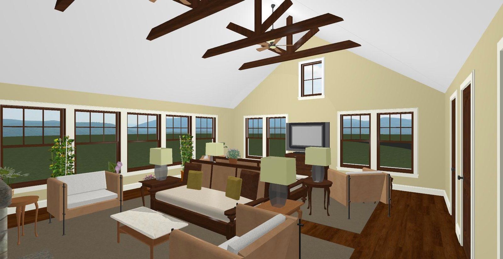 Modern living room with large windows, white sofa, wood floor, and ceiling beams