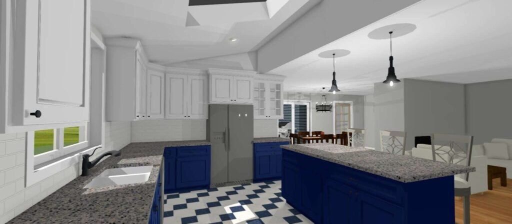 Bright modern kitchen and dining area with white cabinets, blue island, and black pendant lights