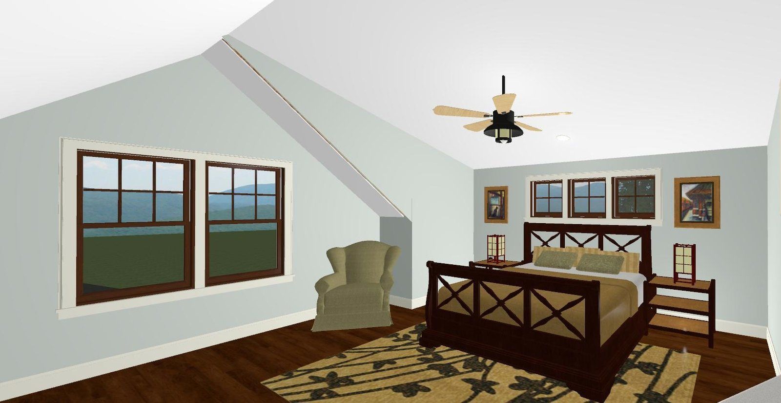 Bright attic bedroom with wooden bed, windows, chair, rug, and ceiling fan