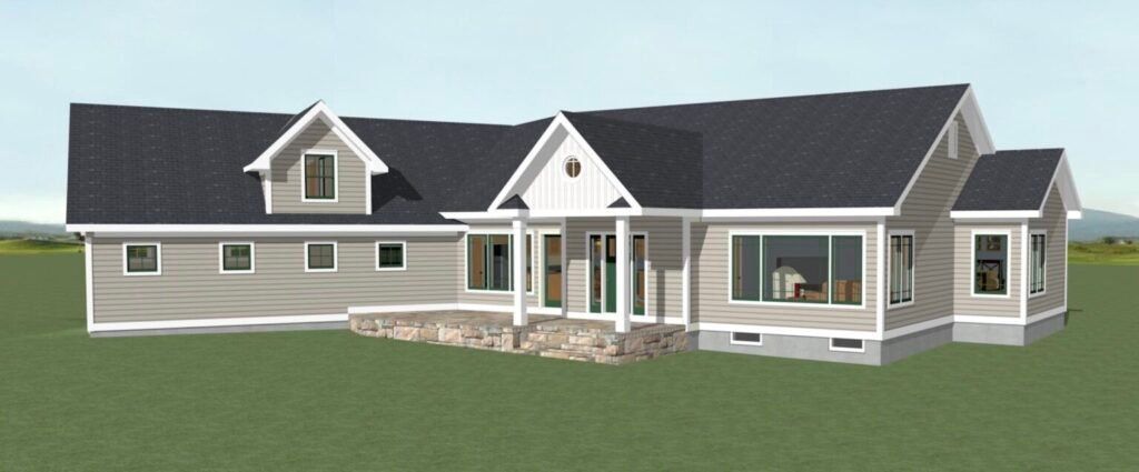 Rendered exterior of a single-story gray house with a dark roof and front porch on a grassy lot