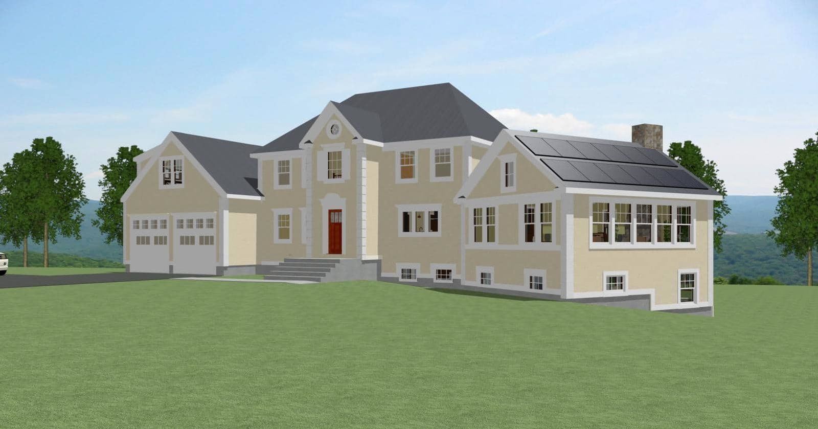 Large beige suburban house with attached garage, dark roof, and solar panels on a grassy lot